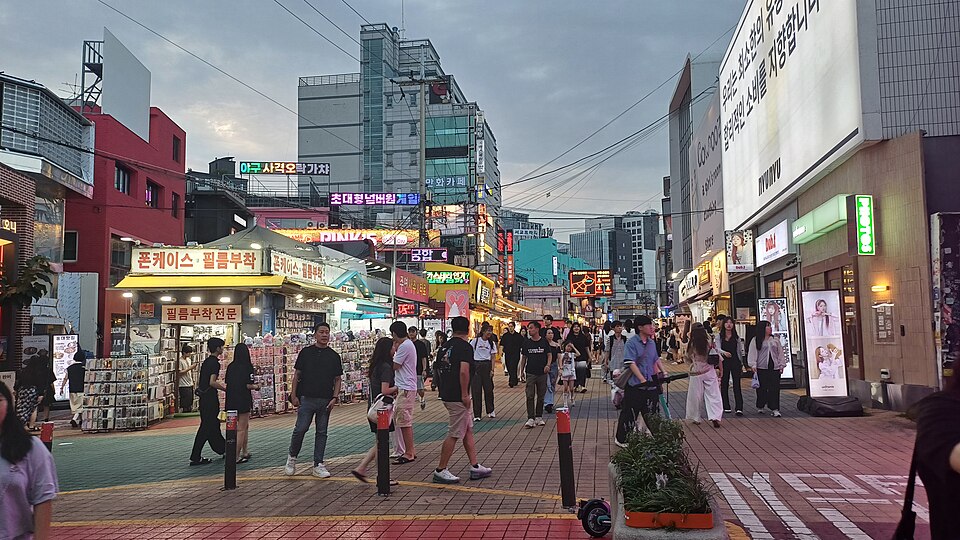 Busy Hongdae nightlife street in Seoul