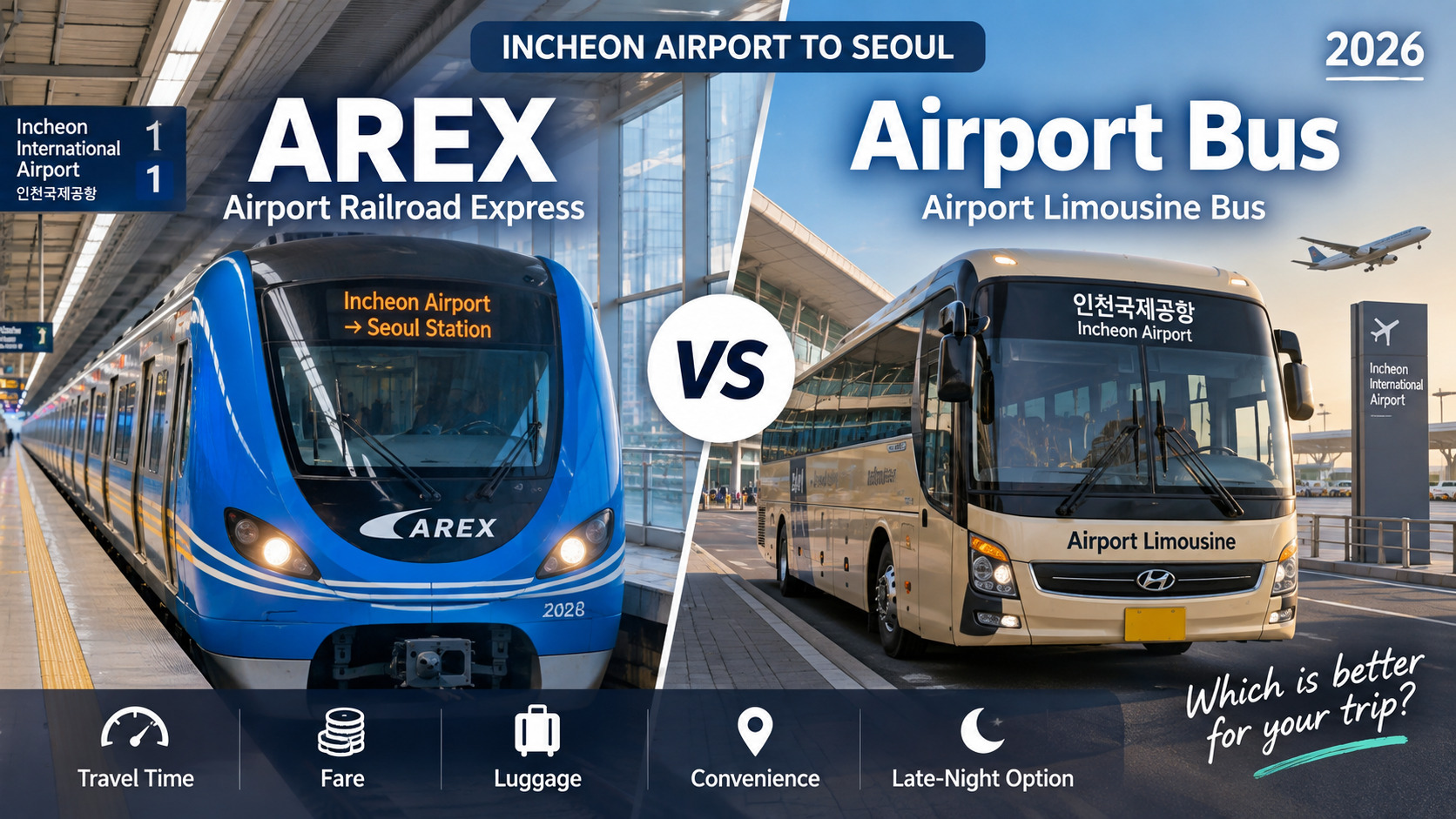 AREX vs Airport Bus comparison from Incheon Airport to Seoul