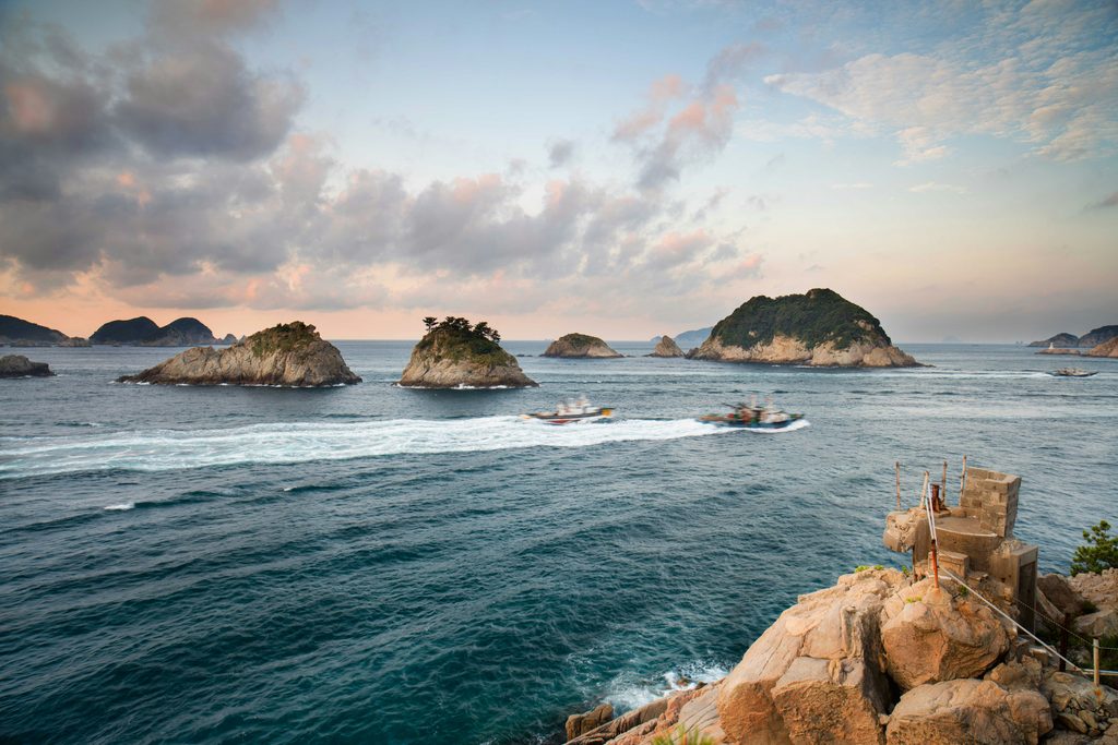 Rocky islands and coastal scenery off Geoje Island in Gyeongsangnam-do