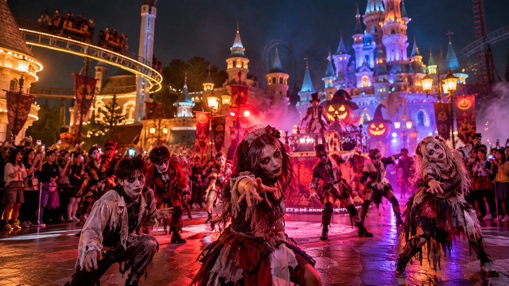 Halloween parade performers in zombie costumes at a theme park at night