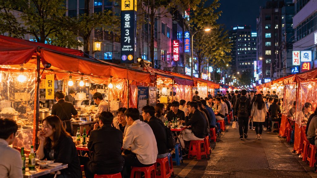 Illustration of a busy pojangmacha street at night in Jongno, Seoul