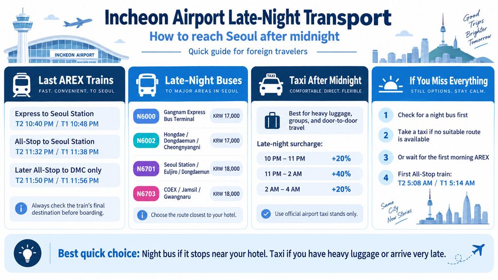 Incheon Airport late-night transport guide with last AREX trains, night buses, taxi surcharges, and first morning train times