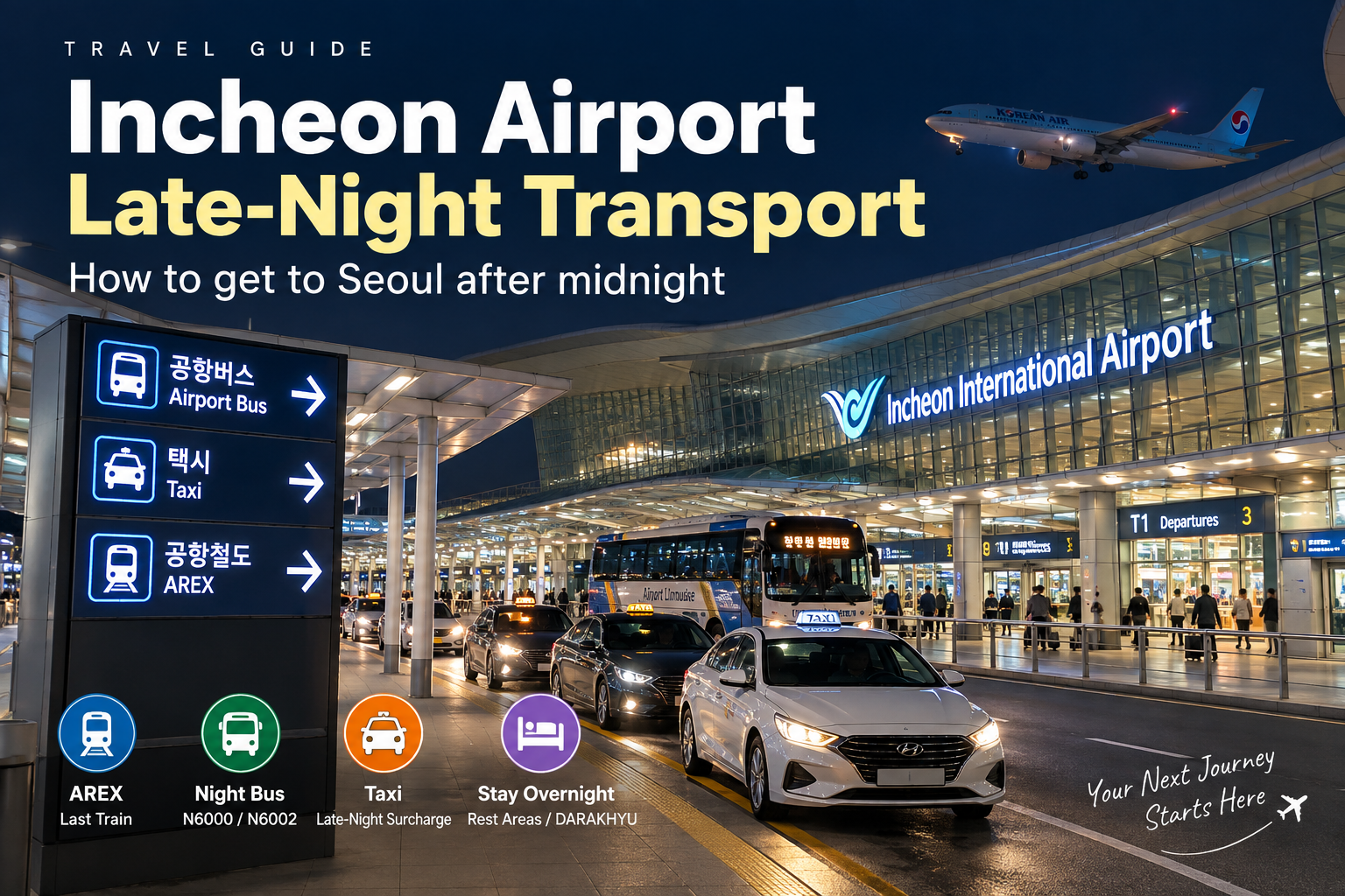 Incheon Airport at night with buses and taxis for late-night transportation to Seoul