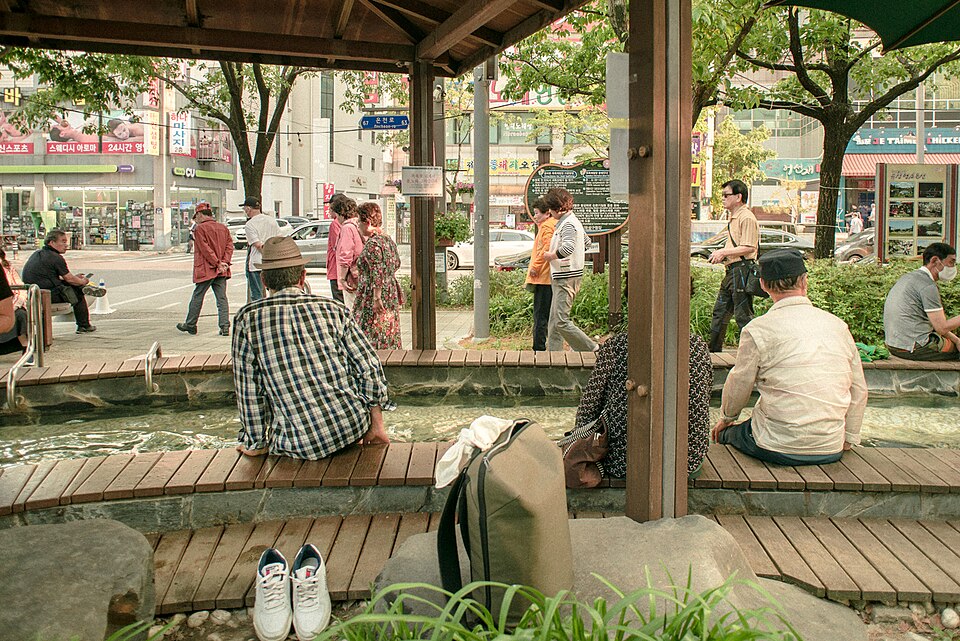 Outdoor hot spring foot bath in Yuseong, Daejeon, South Korea