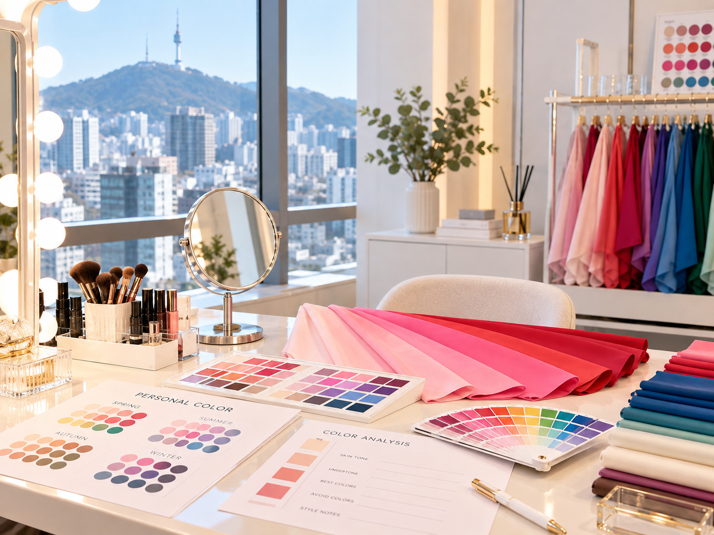Personal color analysis studio in Seoul with color drapes, swatch charts, makeup tools, and a city view