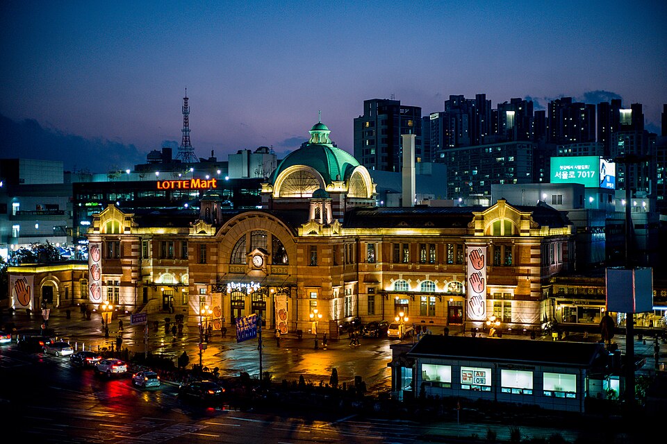 Historic Seoul Station building at sunset in central Seoul