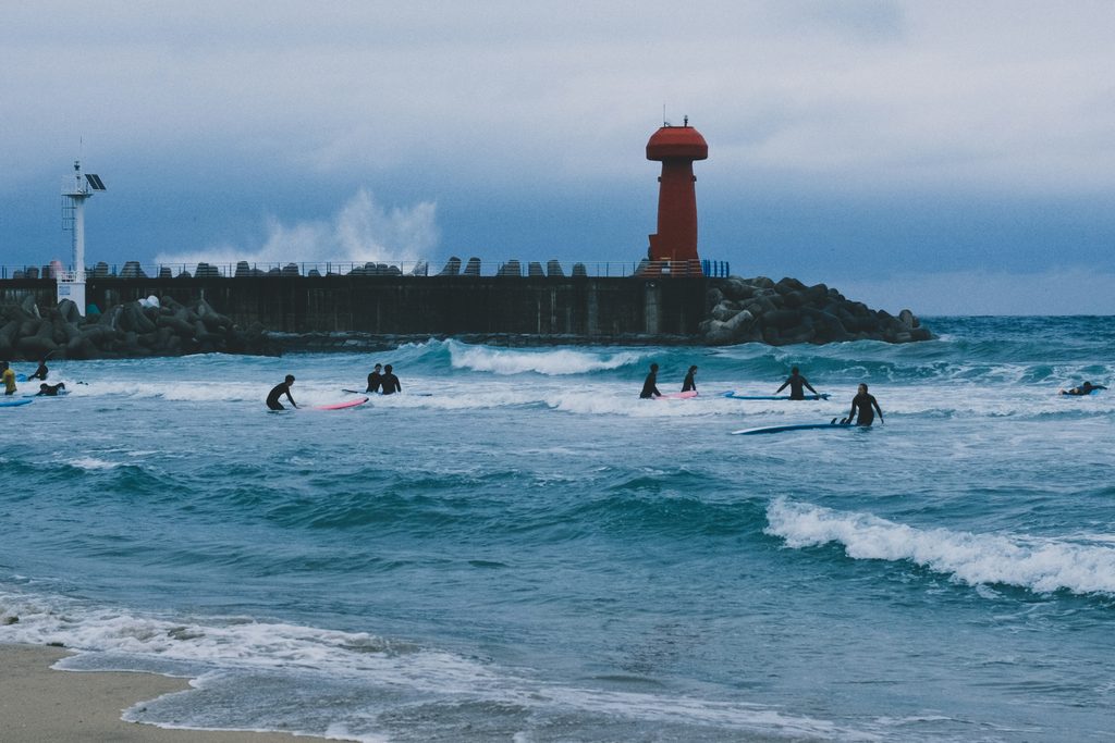 Surfers in the ocean at Yangyang, Gangwon-do, South Korea
