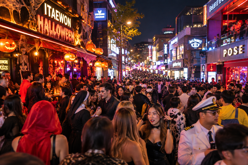 Halloween nightlife street scene inspired by Itaewon, Seoul