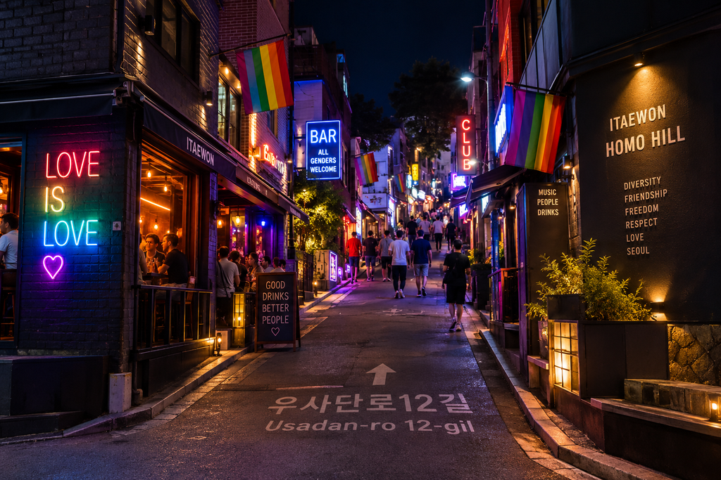 Itaewon LGBTQ nightlife street on Usadan-ro 12-gil in Seoul at night