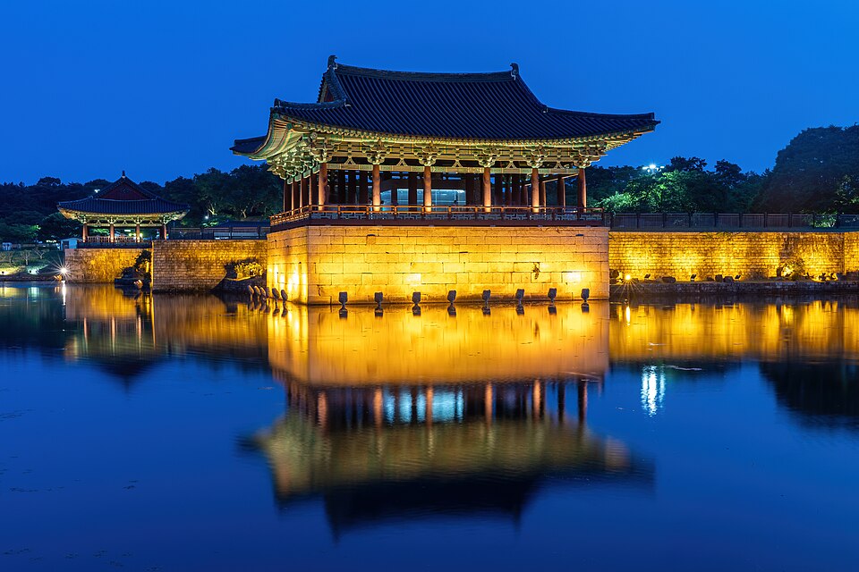 Donggung Palace and Wolji Pond illuminated at night in Gyeongju