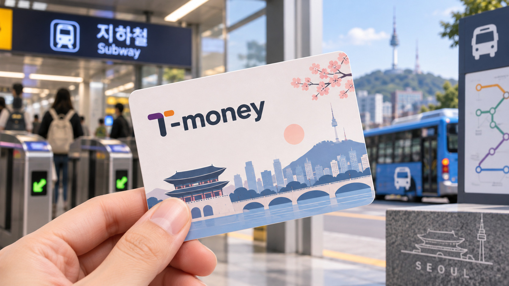 Traveler holding a T-money card at a Seoul subway station
