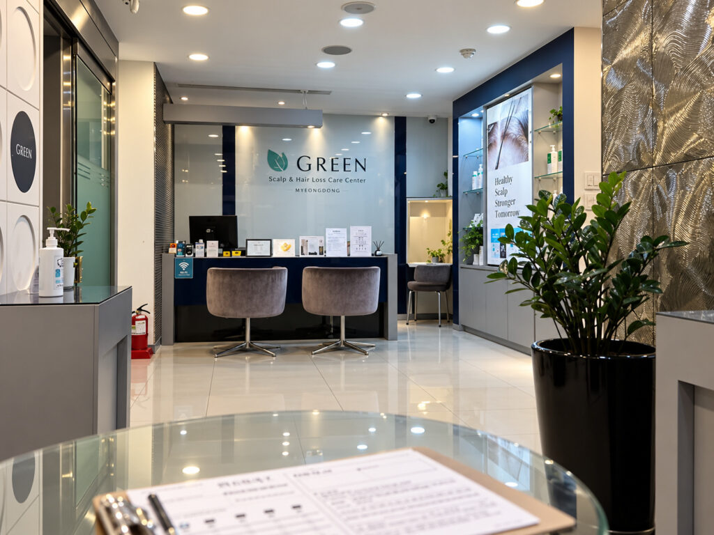 GREEN Scalp & Hair Loss Care Center reception area in Myeongdong, Seoul