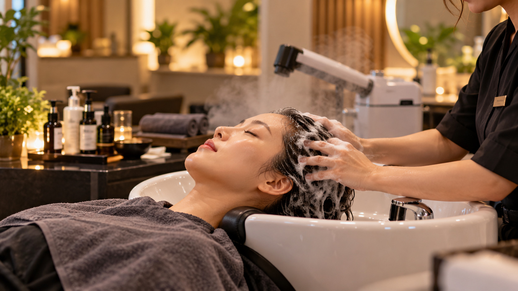 Korean head spa treatment in Seoul with scalp massage at a shampoo basin