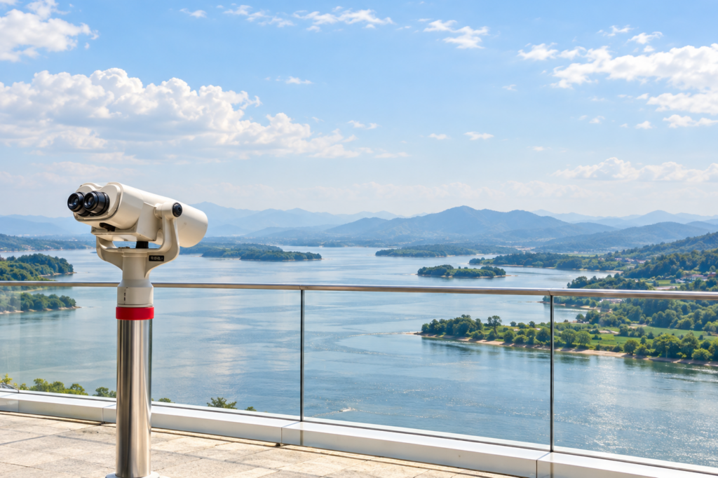 Observation telescope overlooking the river and mountains from a DMZ-area viewpoint
